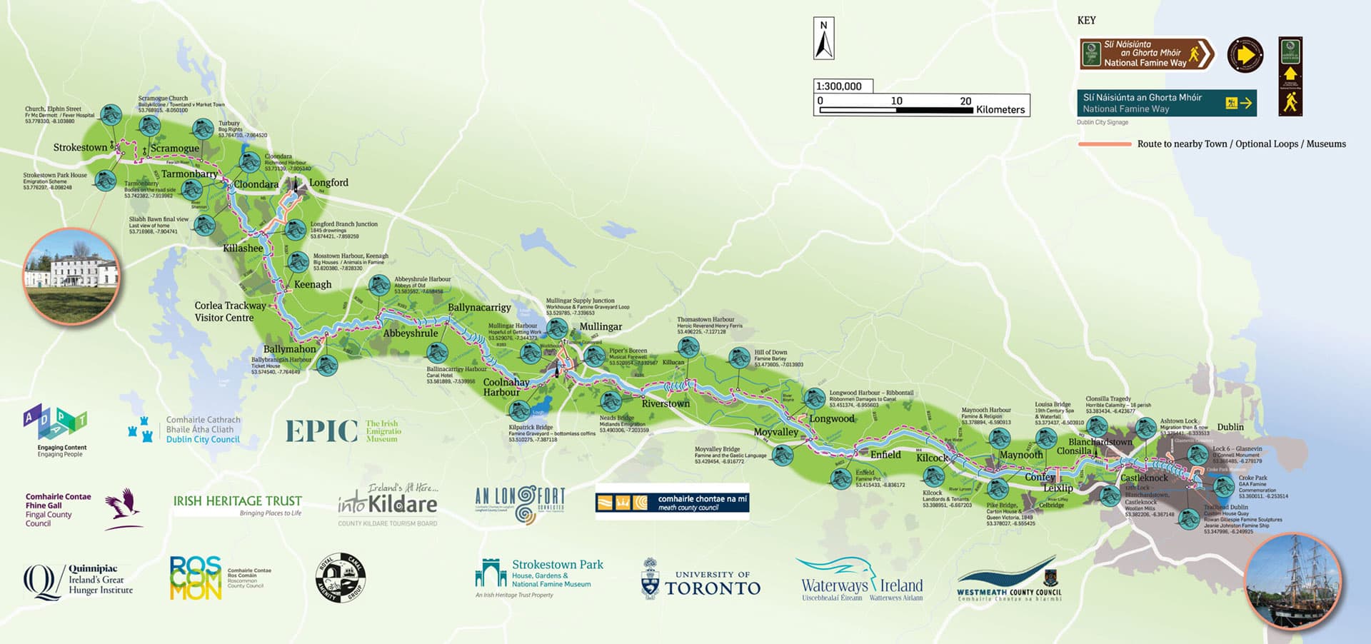Map of the Royal Canal Greenway in Ireland, showing towns, landmarks, and trail paths. Includes logos of organizations involved in the project.