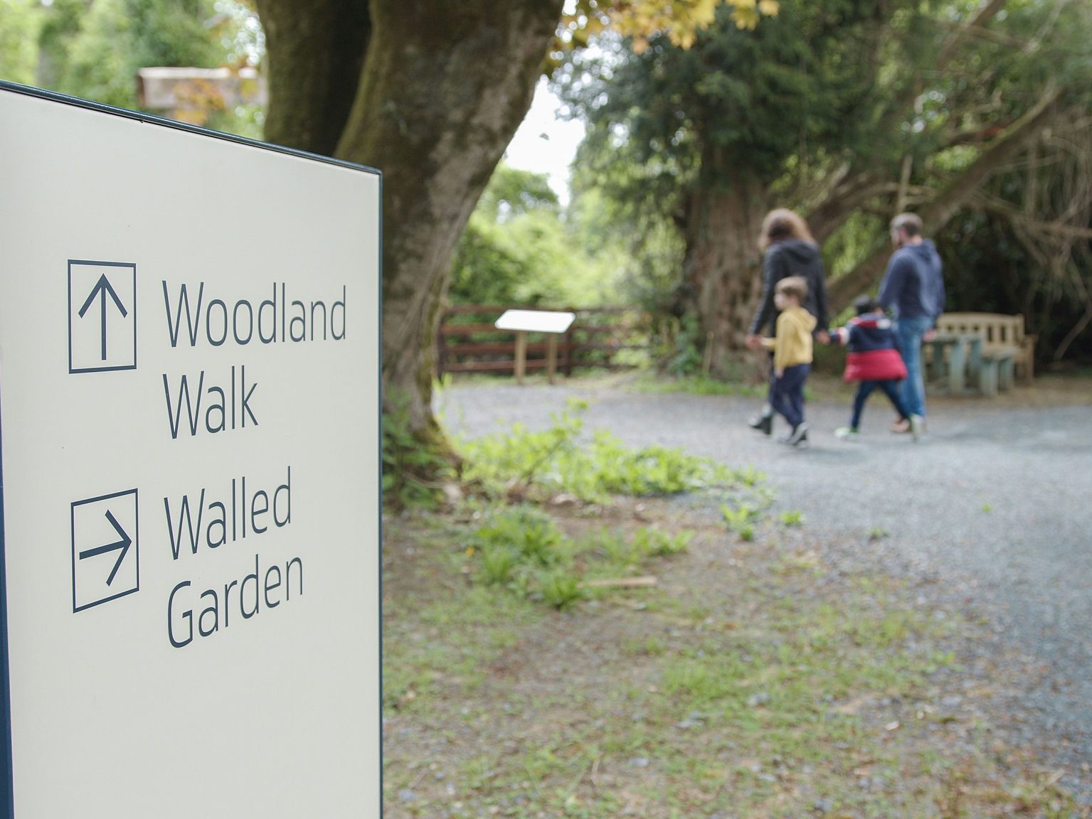 Woodland walk and garden signs at Strokestown Park guiding visitors through scenic nature trails.