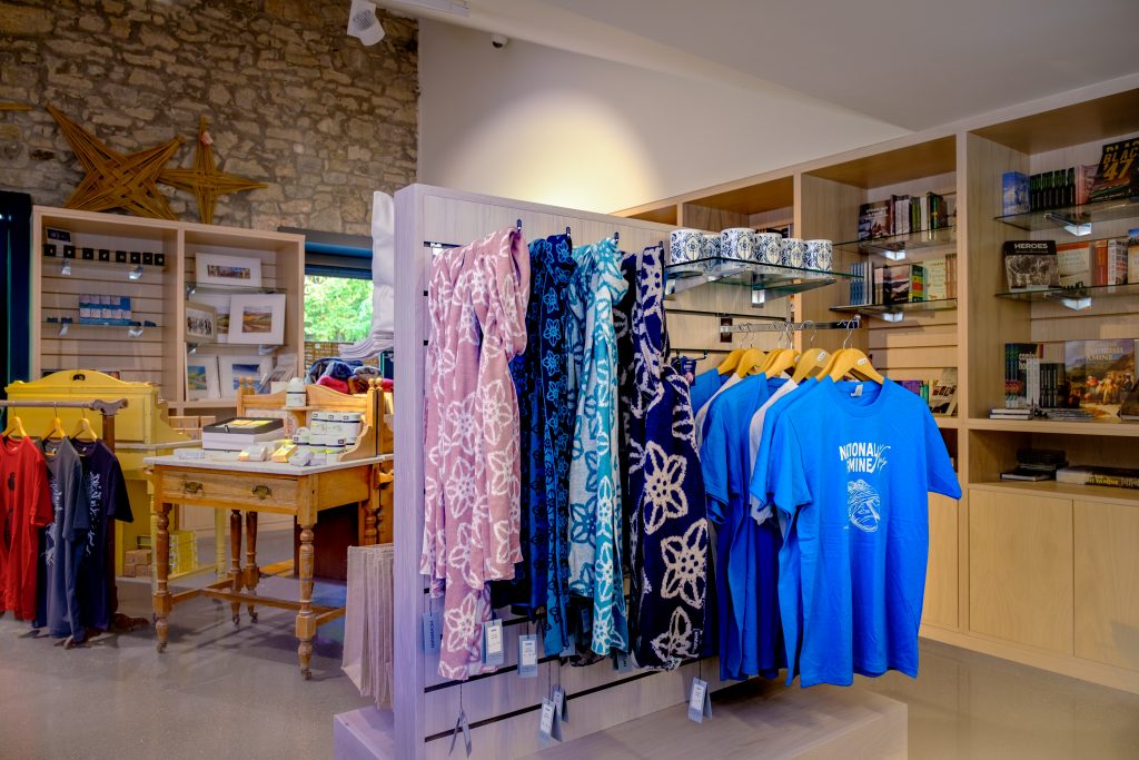 The brightly coloured shop in Strokestown Park with scarfs, T-shirts, soaps and books and display