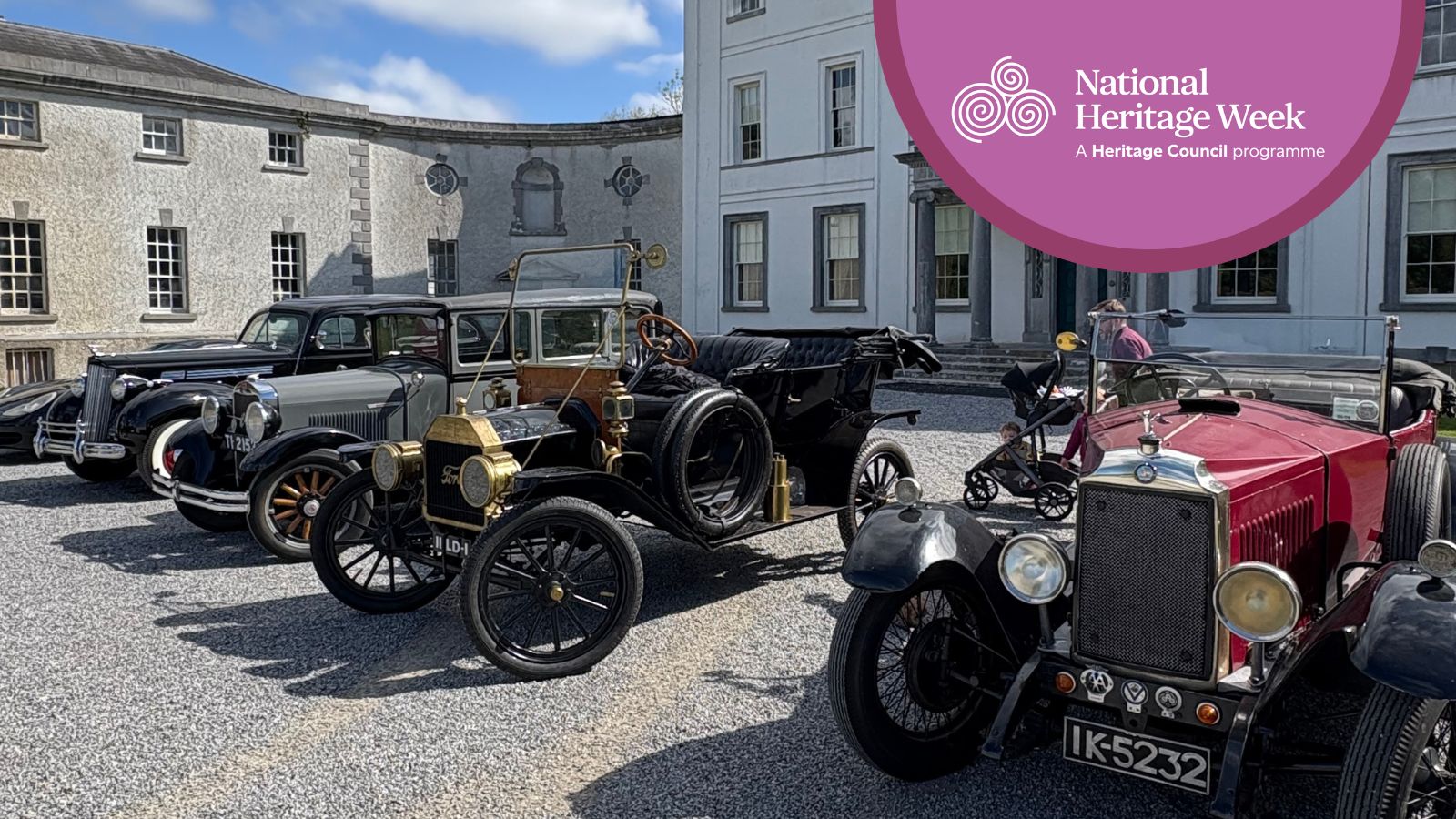Vintage cars displayed at the front of Strokestown House