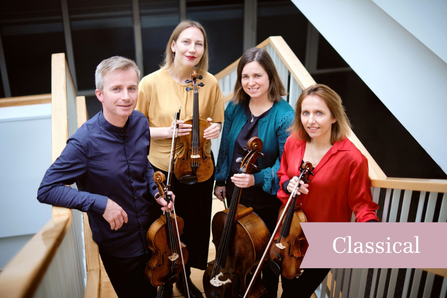 members of Solas Quartet standing on staircase with their instruments.