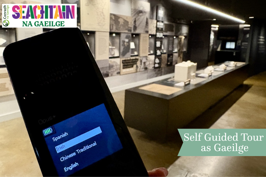 Audio guide showing the Irish Language option in the National Famine Museum.