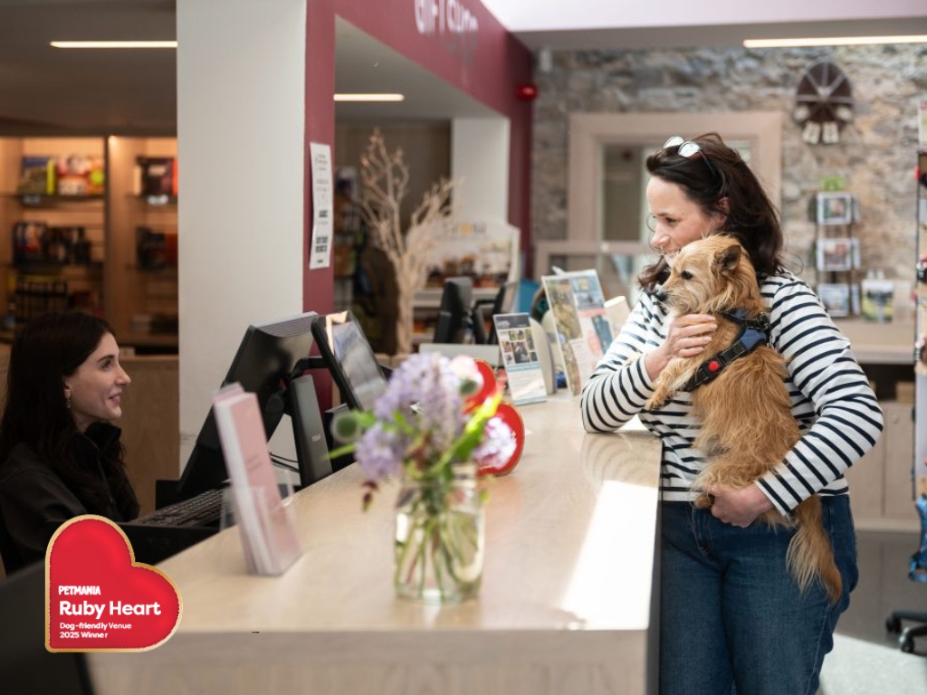 Woman holding a small dog standing at the counter of a welcome desk being greeted by a member of staff at Strokestown Park
