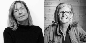 Black & white image of Tapestry artists Frances Crowe and Marie – Thumette Brichard