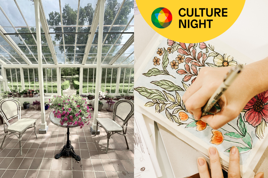Art Workshop (1) Two images side by side, on the left an internal image of the Glass House in Strokestown Park. On the right an image of hands creating flower art.